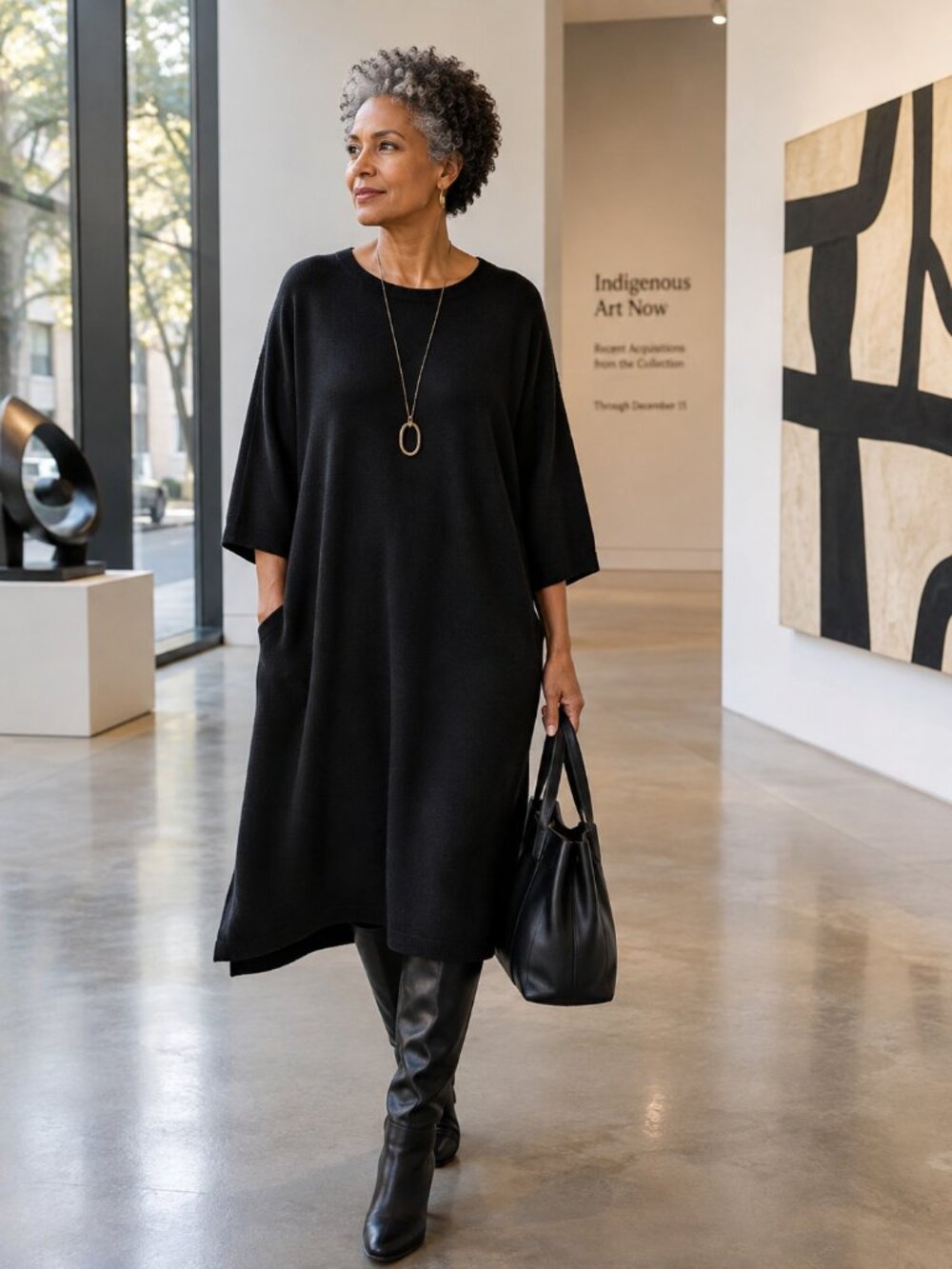 Eileen Fisher 100% Wool Sweater Dress XL | Black Pocket Midi | Quiet Luxury Mini
